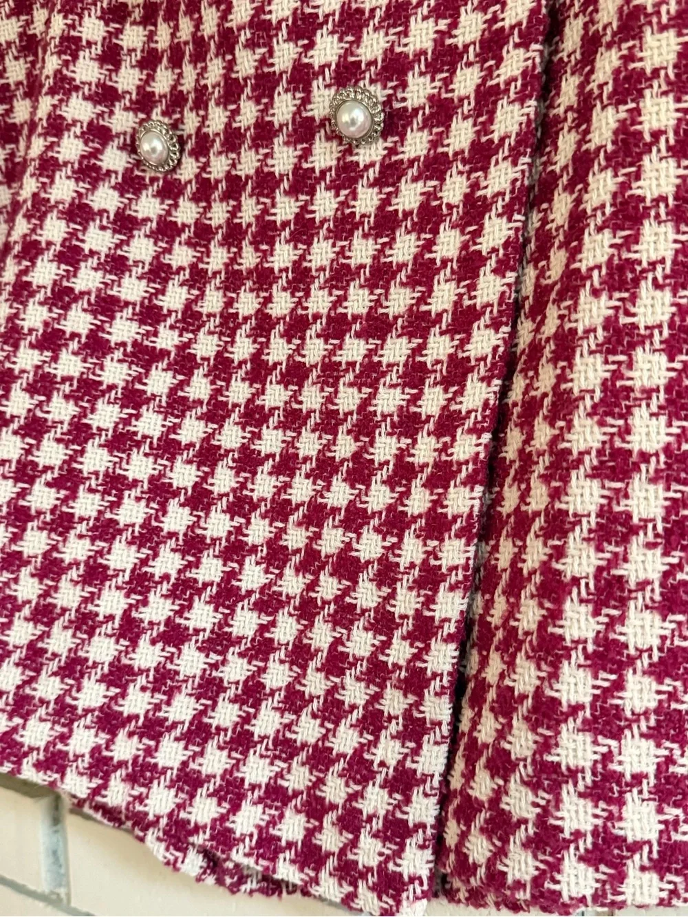 Women's Pink White Houndstooth Tweed Skort Pearl Button High Waist Mini Chic L